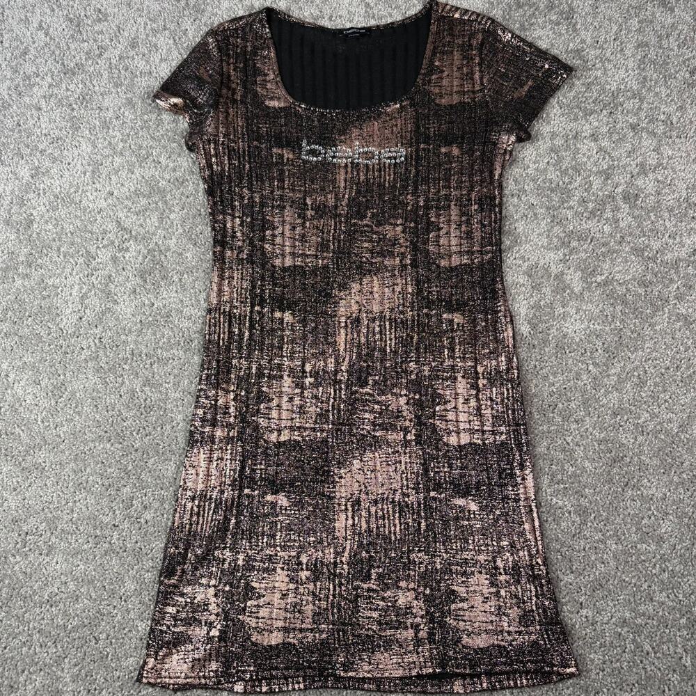BEBE Womens Black Bronze T-Shirt Midi Dress Size L Short Sleeve Bejeweled Logo